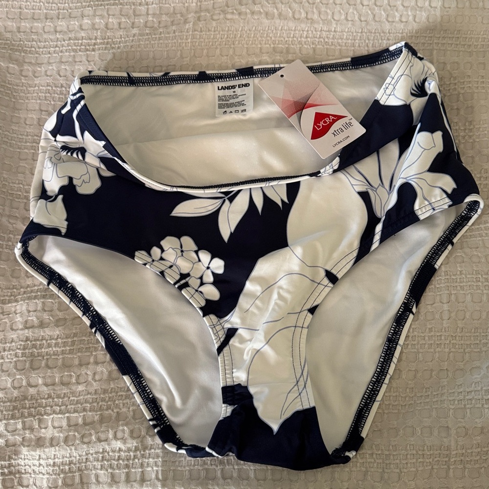 Lands' End Navy and White Floral Swim Bottom